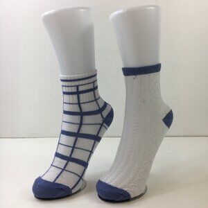 Womens Crew Socks 2 Pack Cable Knit Plaid Pattern Blue White